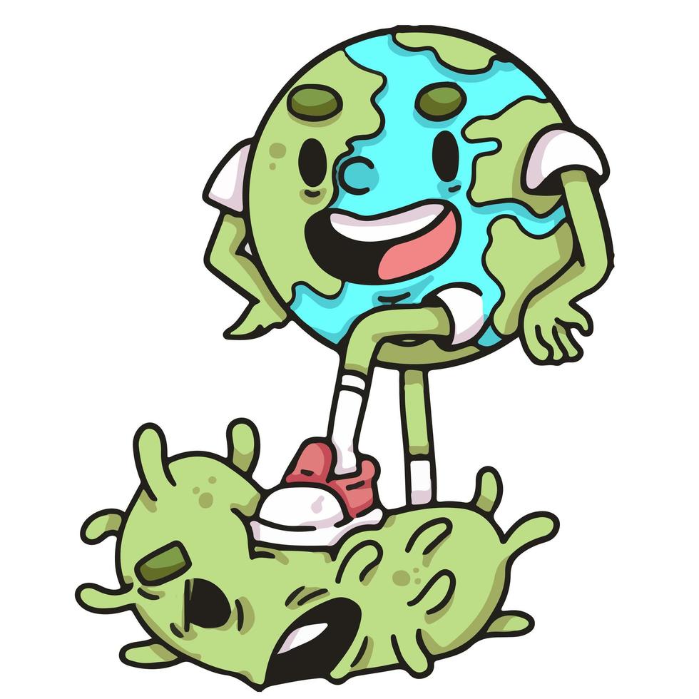 earth defeating the coronavirus character illustration vector