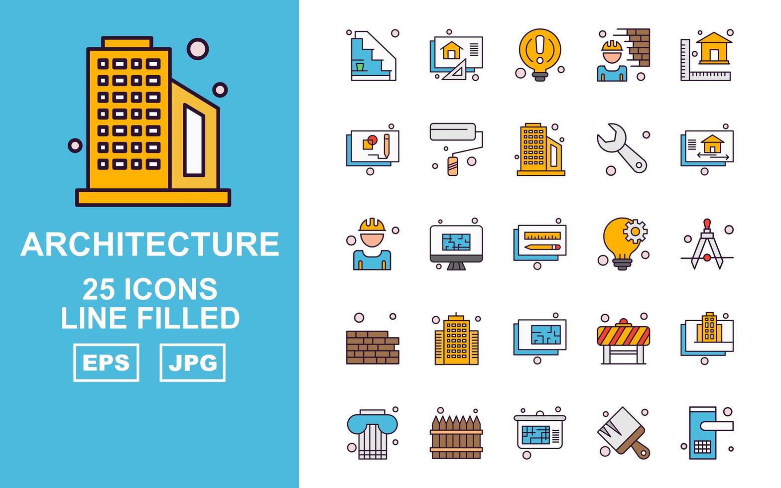 25 paquetes de iconos llenos de líneas de arquitectura premium vector