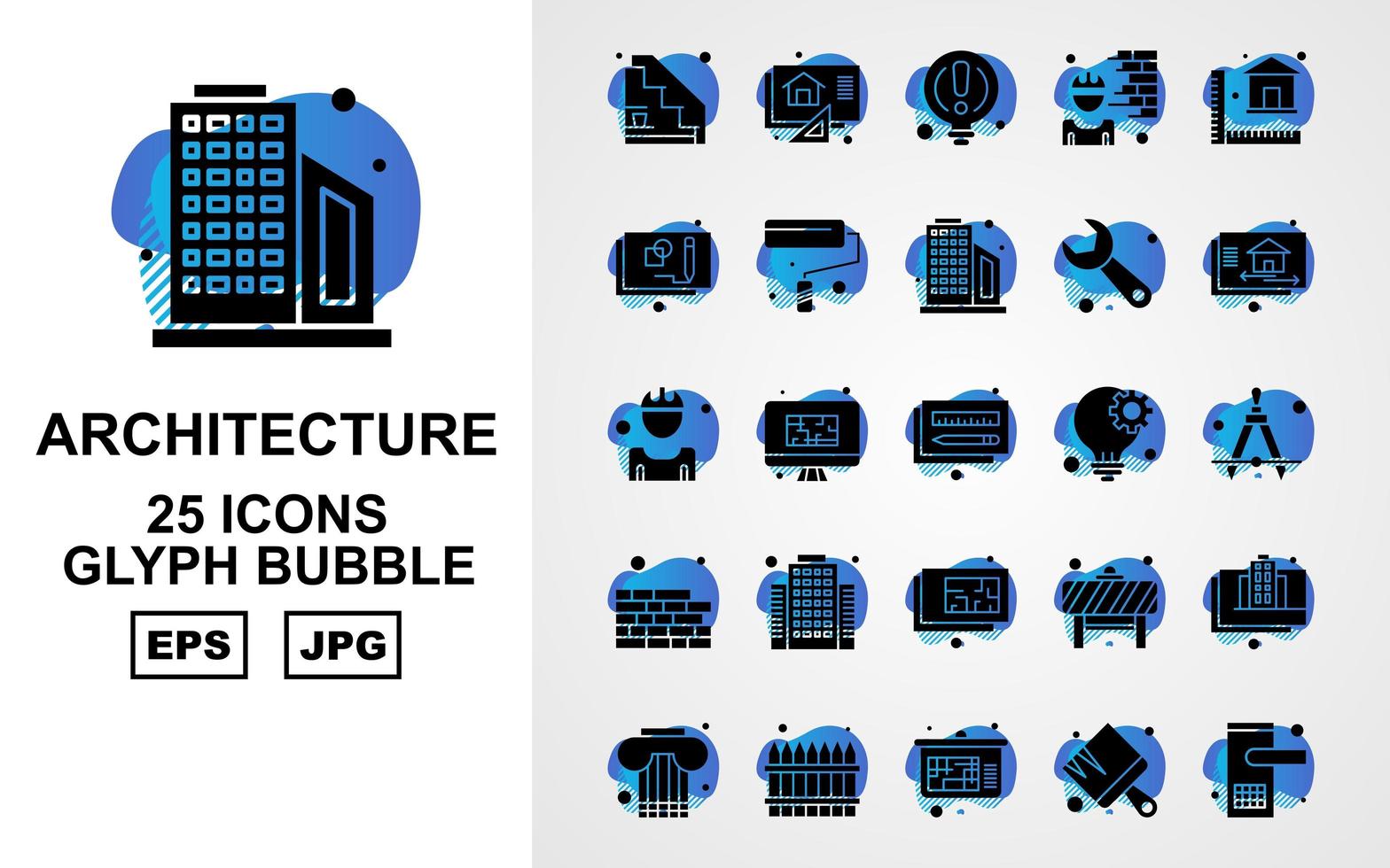 Paquete de 25 iconos de burbujas de glifos de arquitectura premium vector