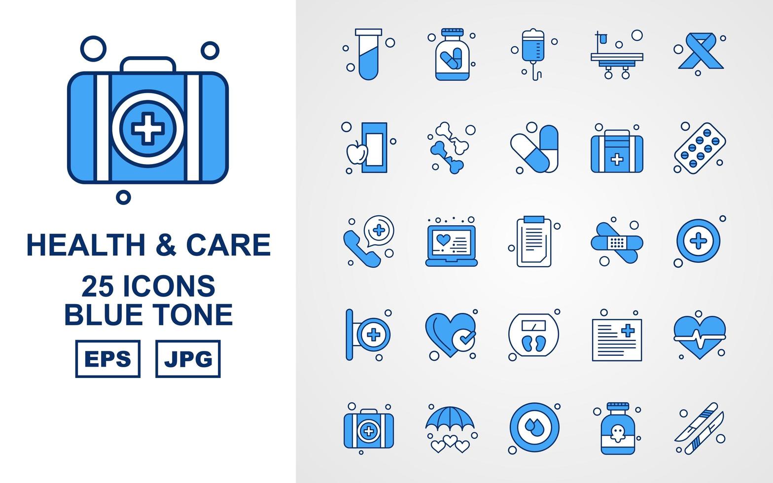 25 paquete de iconos de tono azul de salud y cuidado premium vector