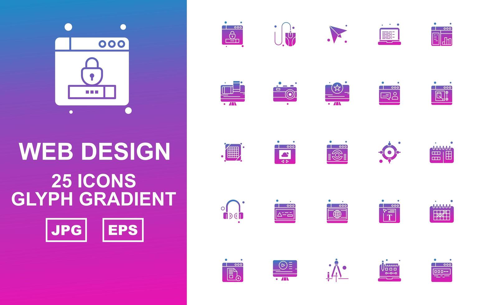 25 paquete de iconos de gradiente de glifo de diseño y desarrollo web premium vector