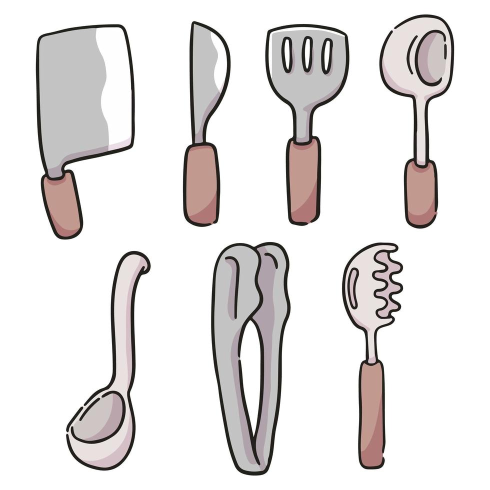 dibujos animados diferentes tipos de utensilios de cocina ilustración de dibujos animados lindo vector