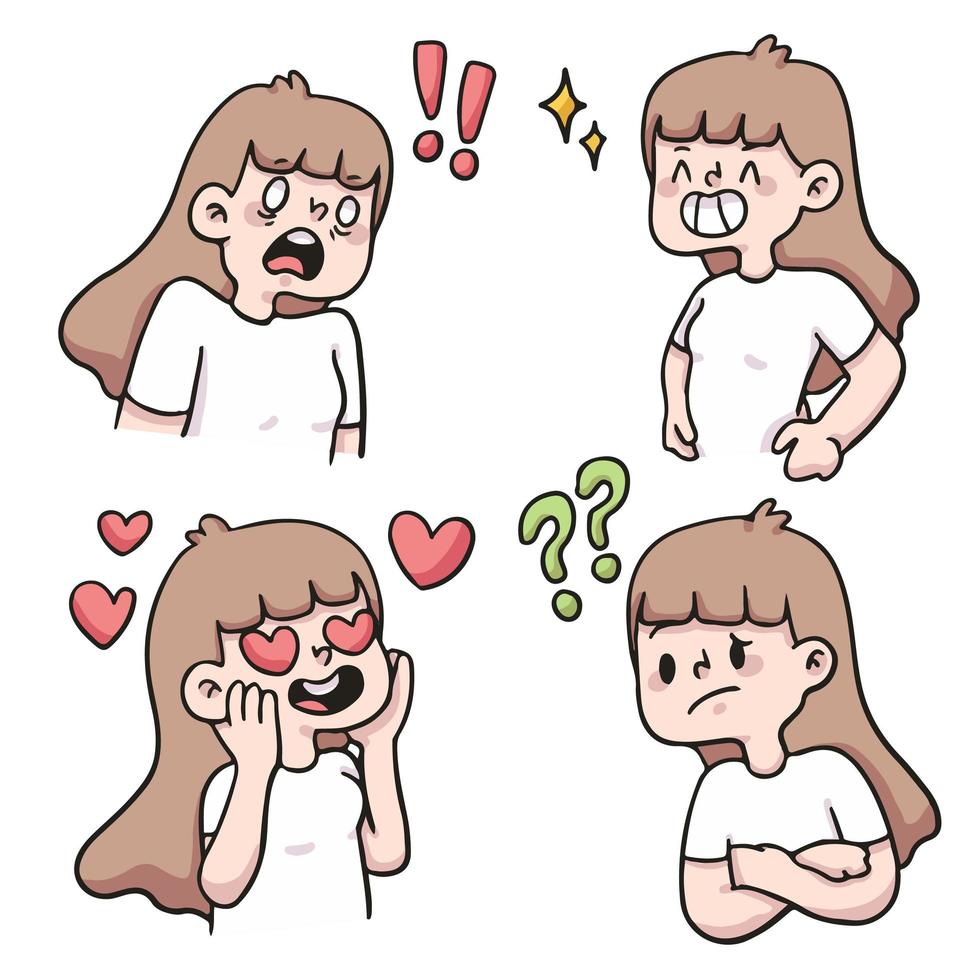 girl different kind of reaction set cute cartoon illustration vector