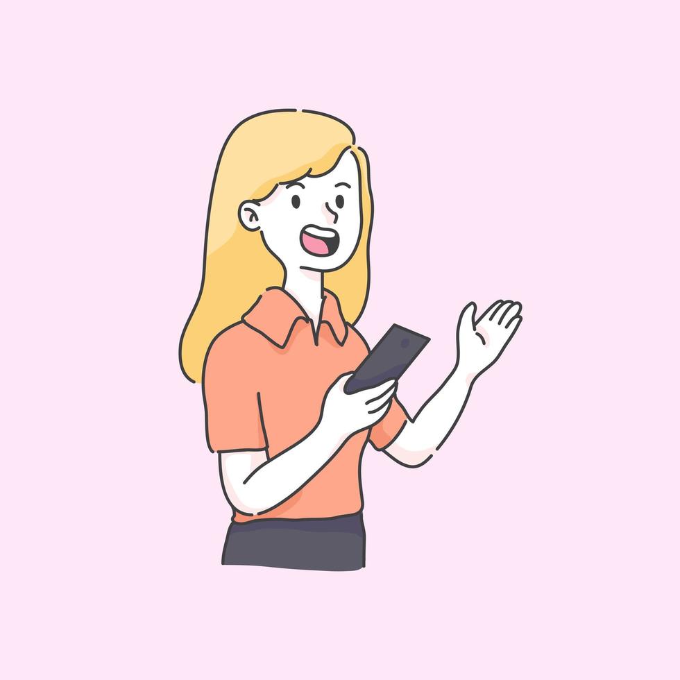 girl holding phone explaining insert text cute illustration vector