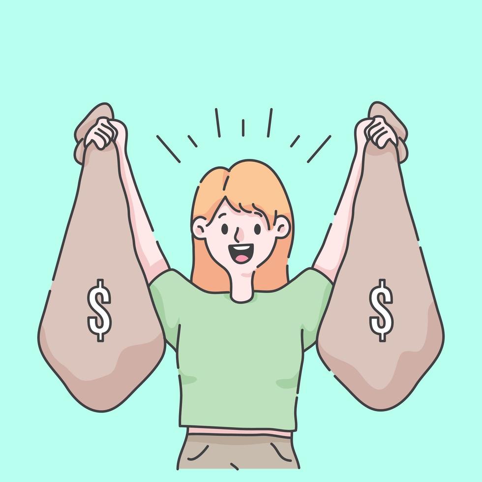 girl celebrating holding tons of money illustration vector