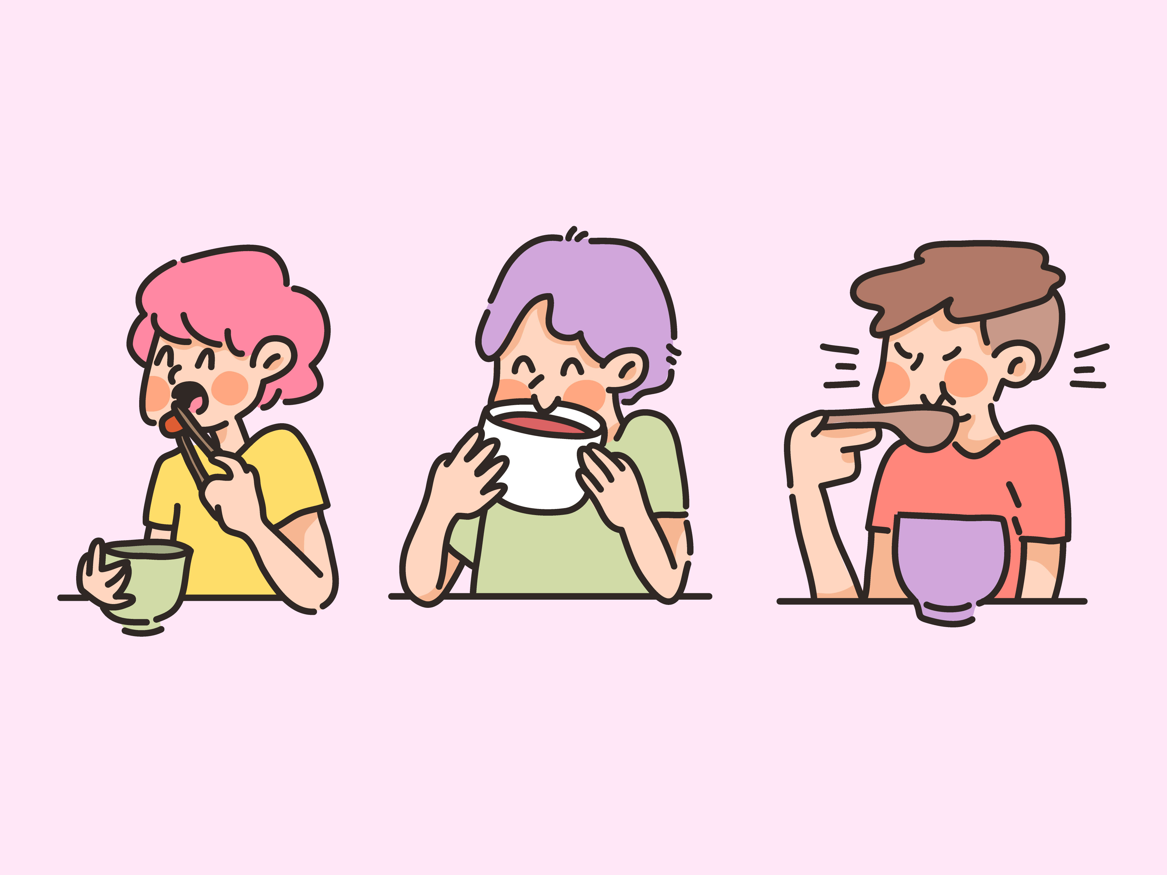 gente comiendo sopa de comida comida sana feliz colección de ilustraciones  de dibujos animados lindo 1893464 Vector en Vecteezy