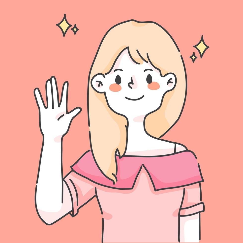 girl waving hand greeting cute people illustration vector