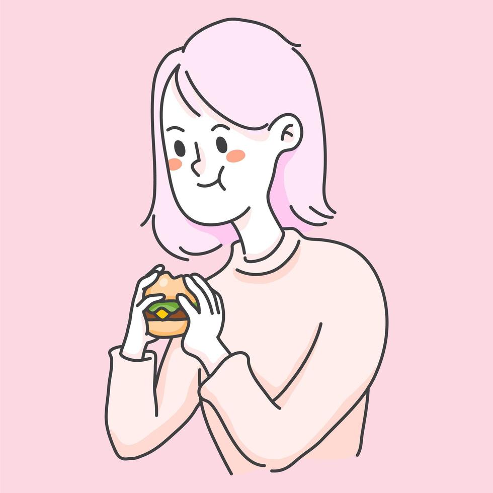 niña comiendo hamburguesa comida chatarra gente linda ilustración vector