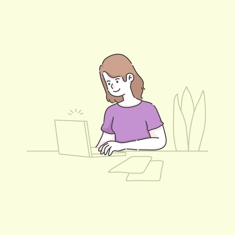 work at home girl using laptop illustration vector