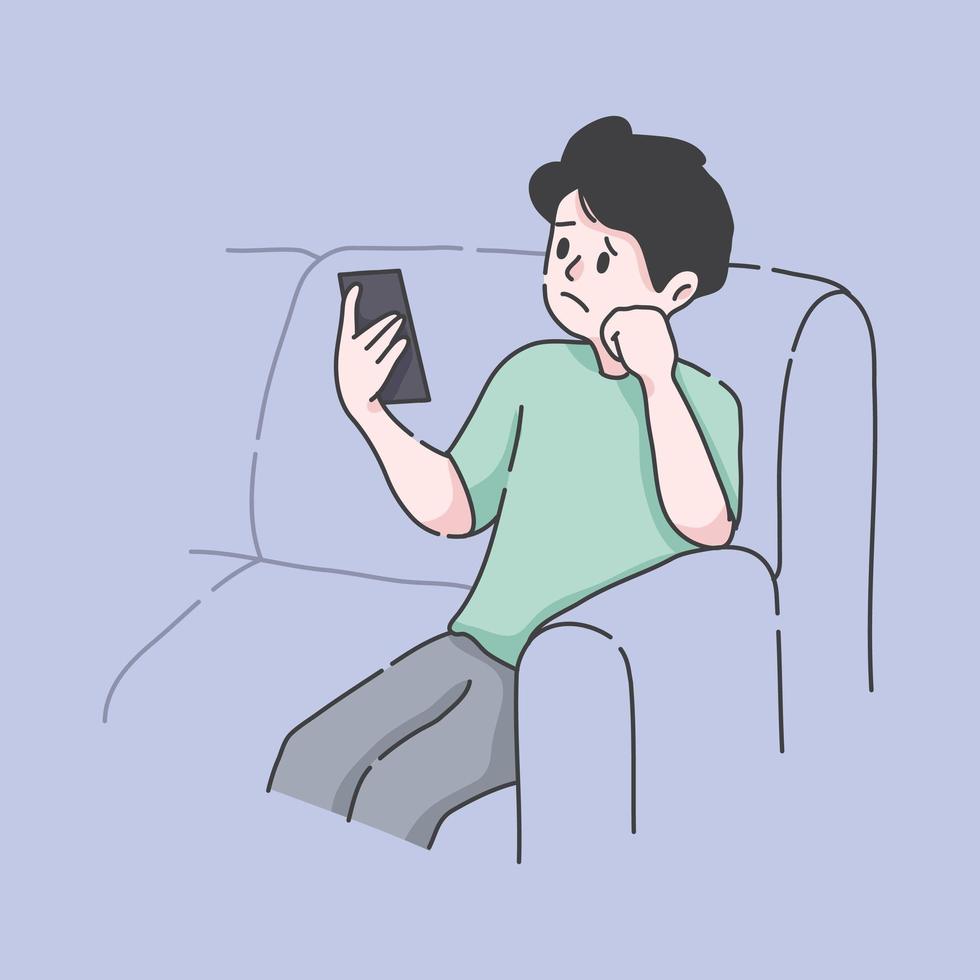 bored man looking at his phone illustration concept vector