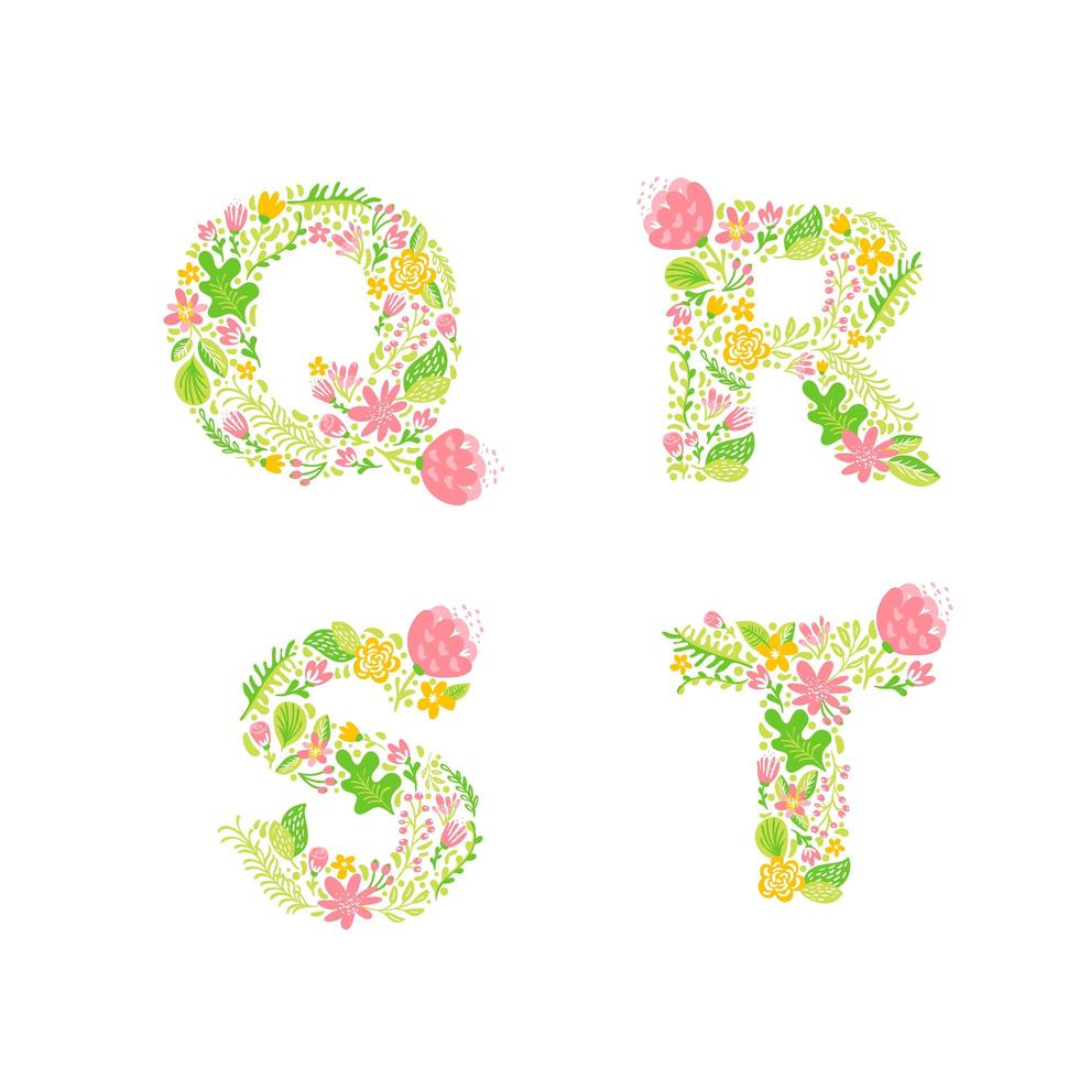 vector dibujado a mano floral monogramas de letras mayúsculas o logotipo. letras mayúsculas q, r, s, t con flores y ramas en flor. diseño floral