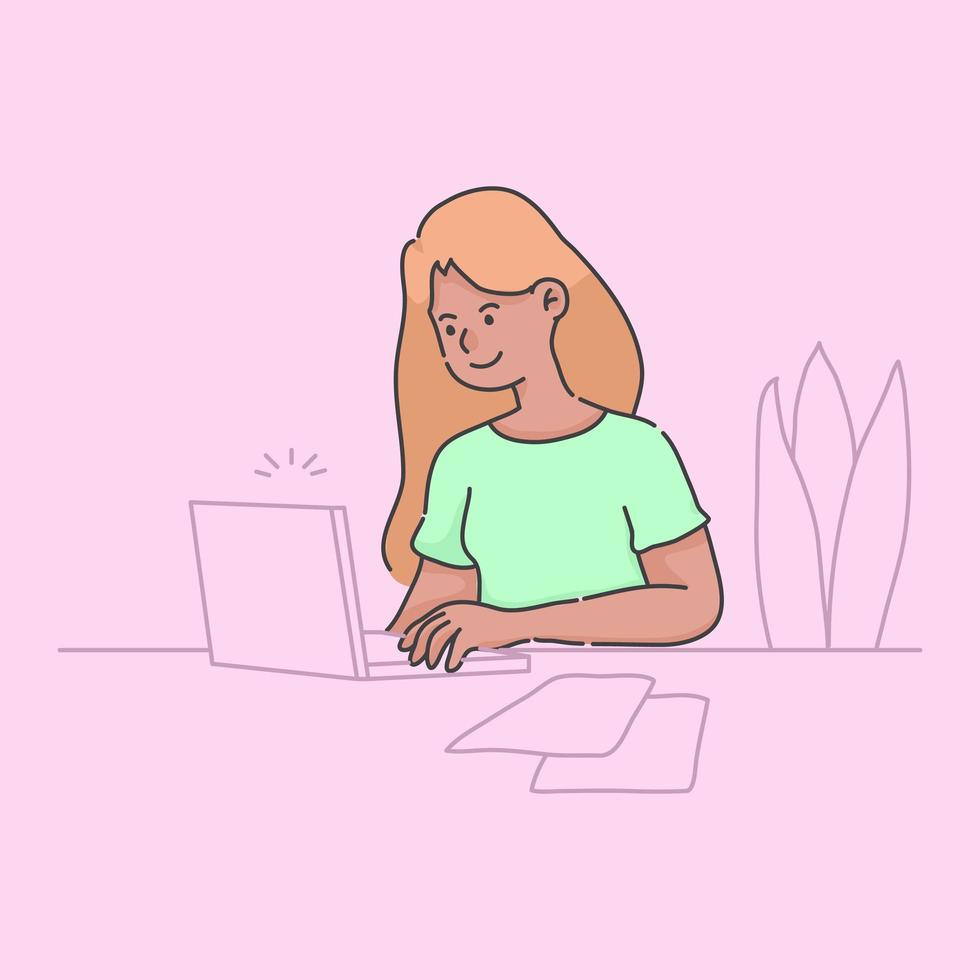 trabajar en casa chica usando laptop ilustración vector