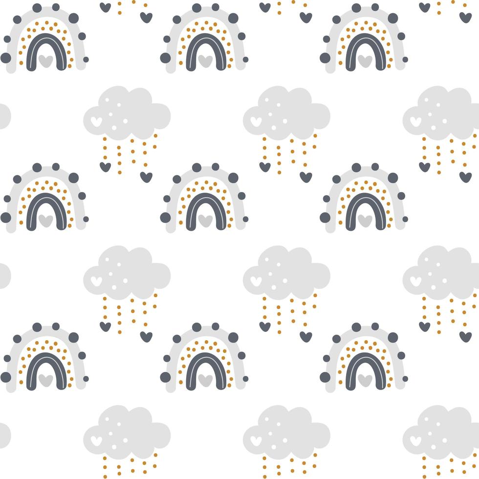 Cute vector rainbow with clouds seamless pattern in scandinavian style isolated on white background for kids. Hand drawn cartoon illustration for posters, prints, cards, fabric, children books