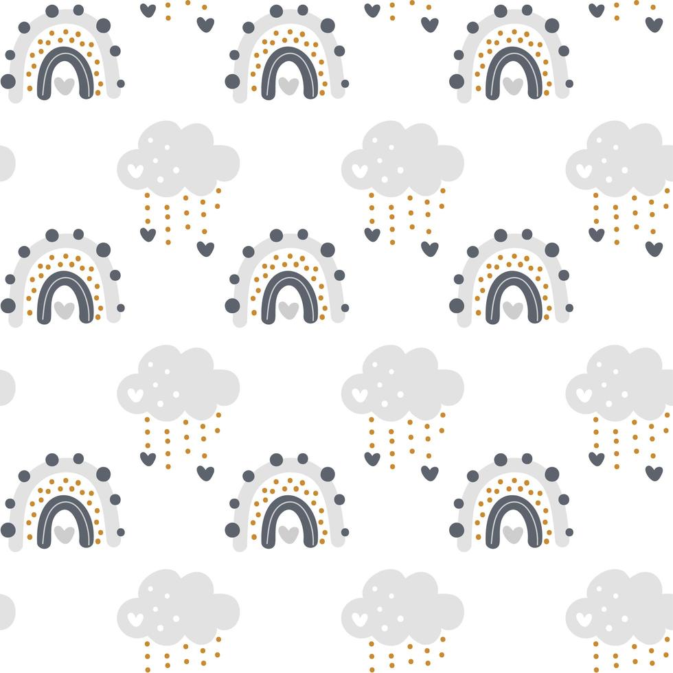 Cute vector rainbow with clouds seamless pattern in scandinavian style isolated on white background for kids. Hand drawn cartoon illustration for posters, prints, cards, fabric, children books