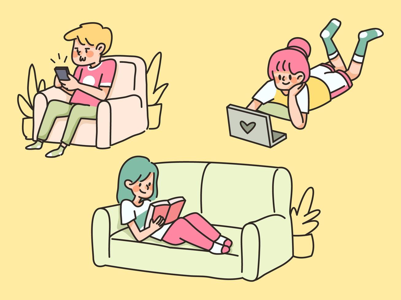 bored people home quarantine lazy sitting in sofa and using electronics stay at home vector