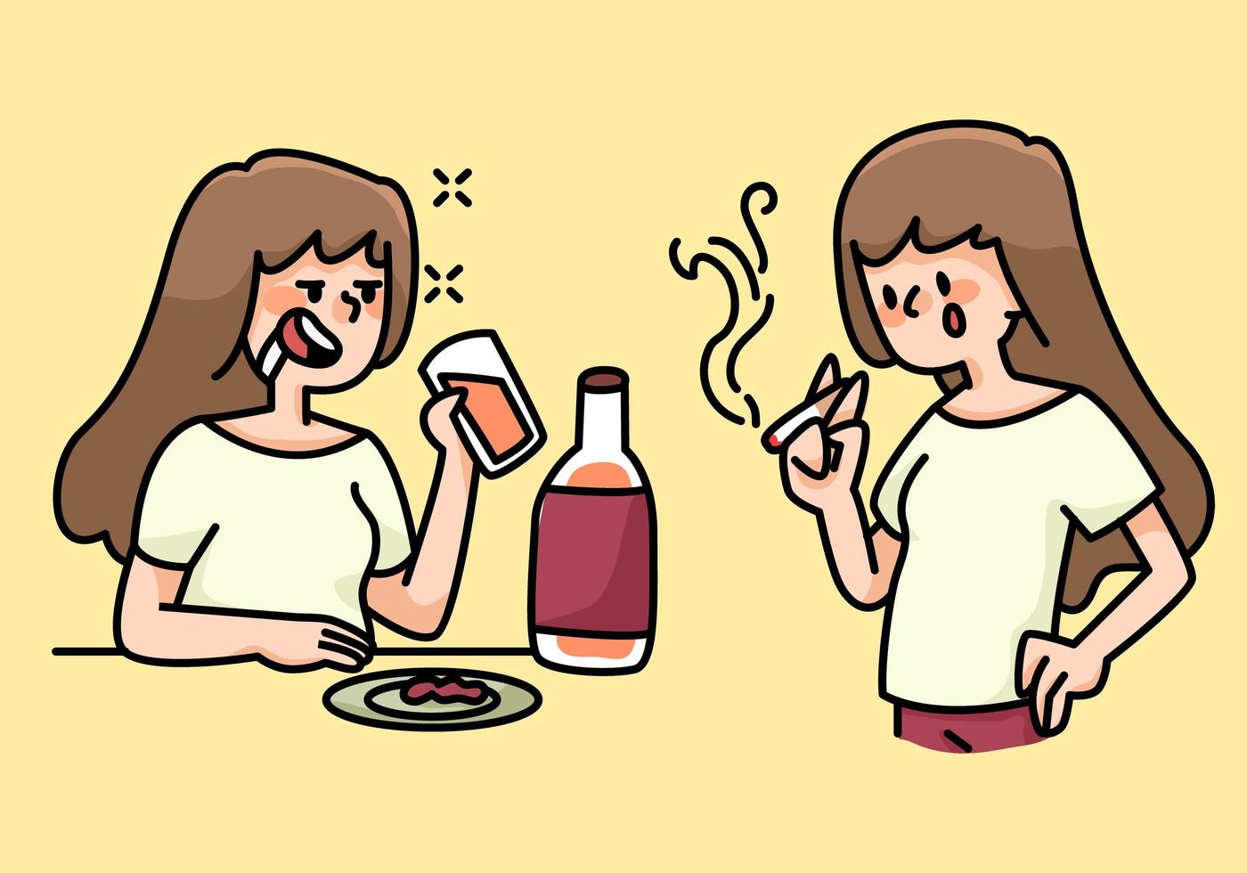 ilustración de dibujos animados de hábitos de mujer de fumar y beber vector