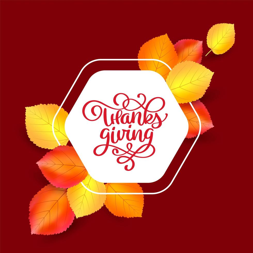 Vector design frame with calligraphy text Thanksgiving and multicolor leaves. Hand drawn isolated illustration for greeting card. Perfect for holiday Thanksgiving Day