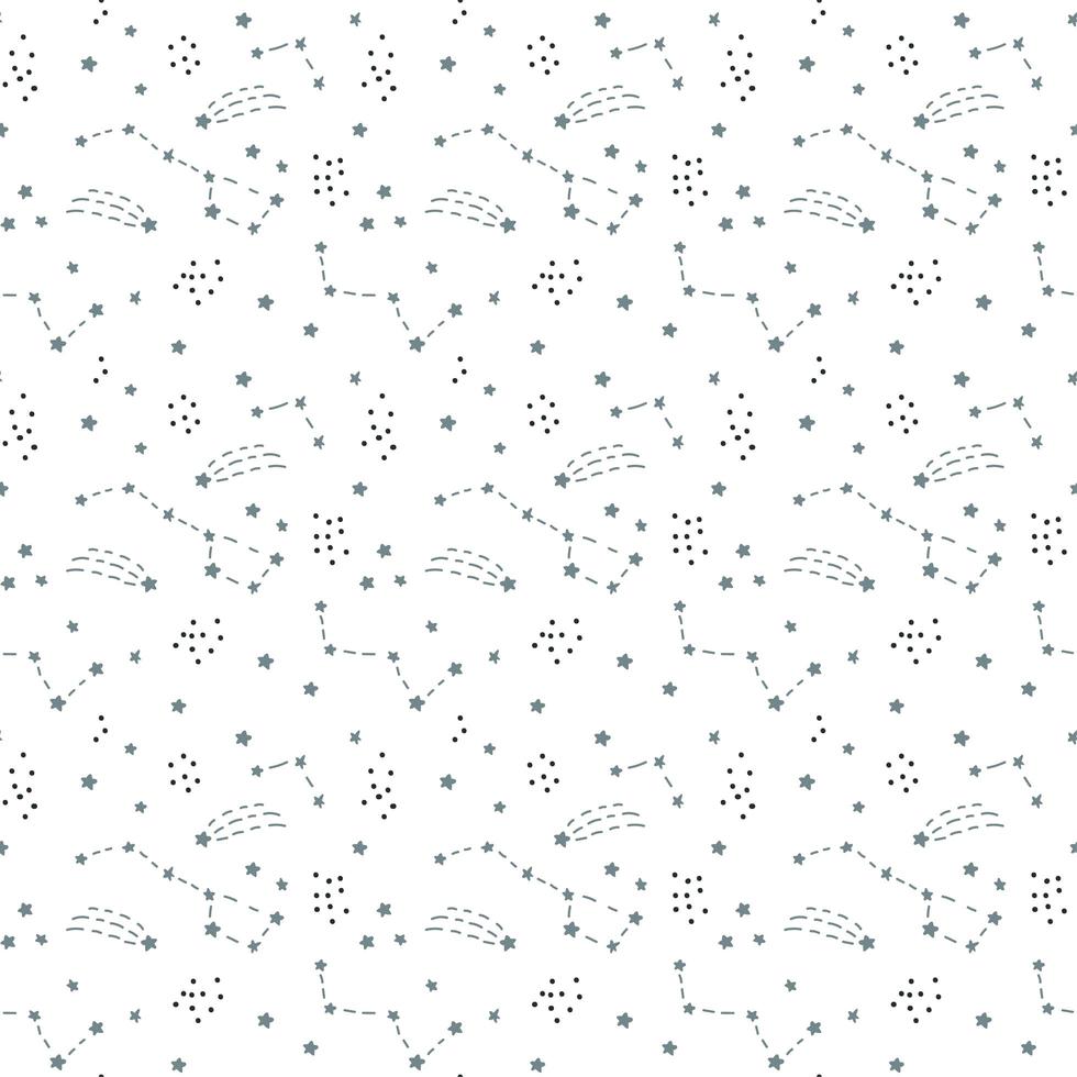 Scandinavian Seamless vector pattern for decoration, design. Astronomy different constellations on a white background. Zodiac sign of the bright stars with glowing lines and points. Star chart, map