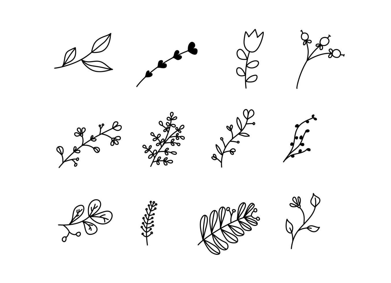 Set of vector sketches and line doodles logo. Hand drawn design elements isolated flowers, leaves, herbs for decoration prints, labels, patterns. Illustration coloring book