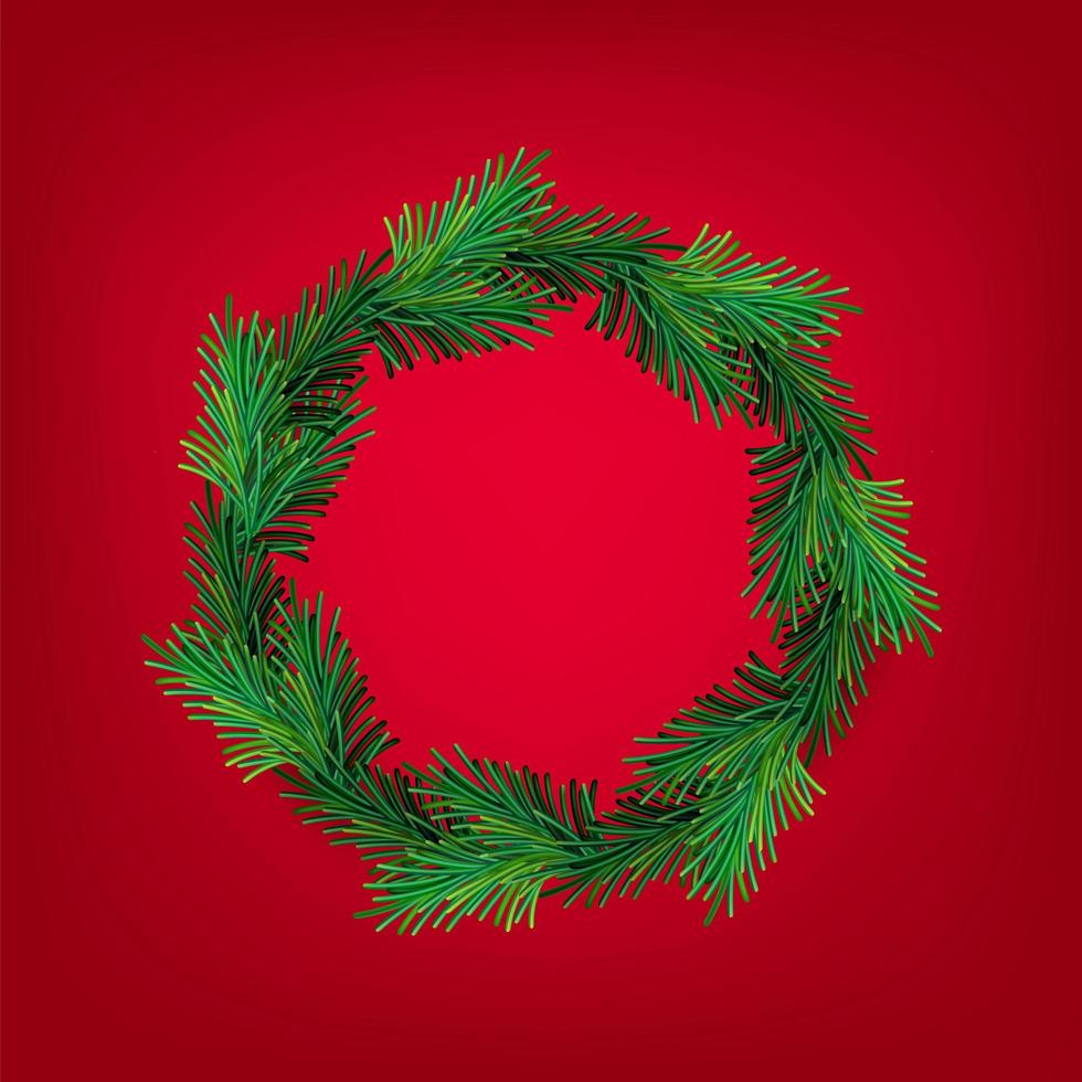 Vector new year and Christmas wreath mesh. Traditional winter evergreen green branches, isolated on red background. For greeting card. Happy xmas retro holiday design