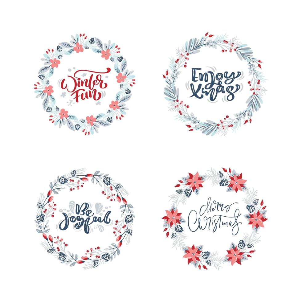 Vector set collection of hand drawn Christmas wreaths with xmas text. Fir branches, red berries, leaves and other elements. Round frame for winter design Christmas card, poster, banner