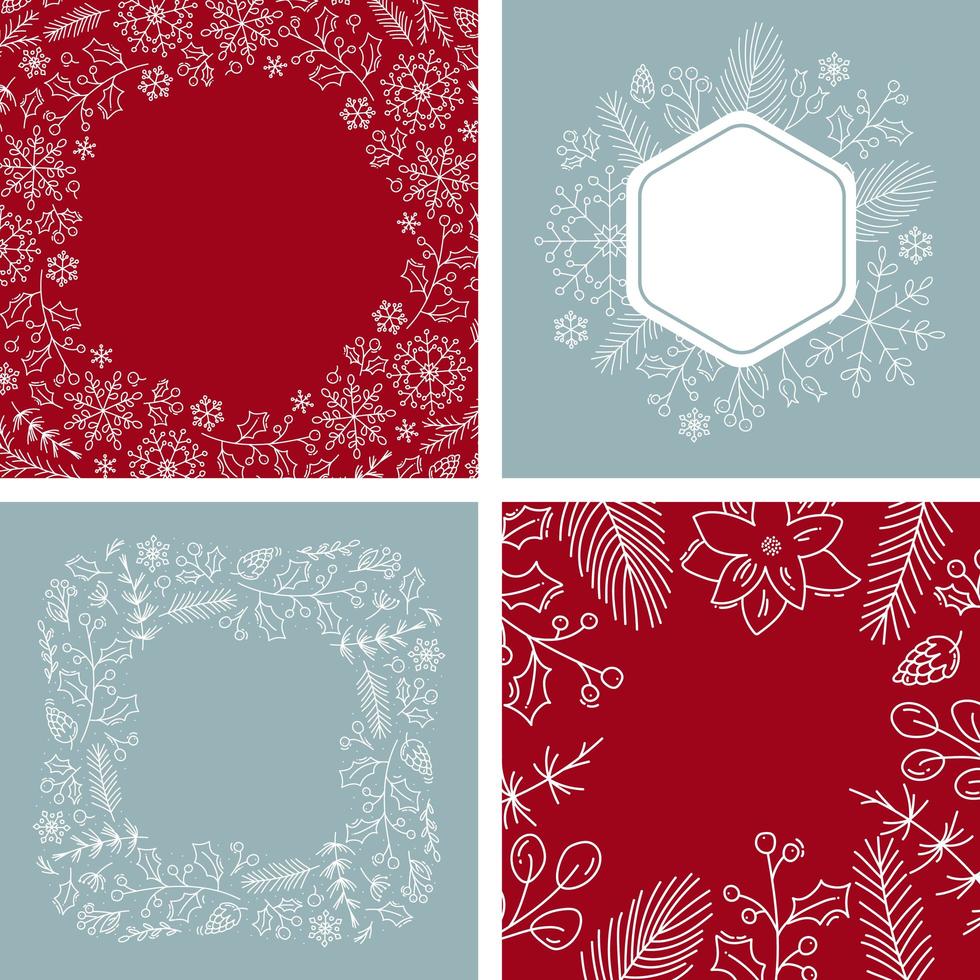 Set of Christmas snowflakes wreath with place for your text. Greeting card design with xmas elements. Modern winter season postcard, brochure, banner vector