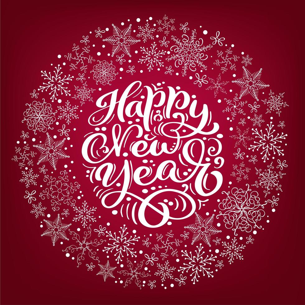 Happy New Year vector scandinavian calligraphic vintage text. Christmas Winter Wreath with snowflakes on red background. Greeting card element Illustration