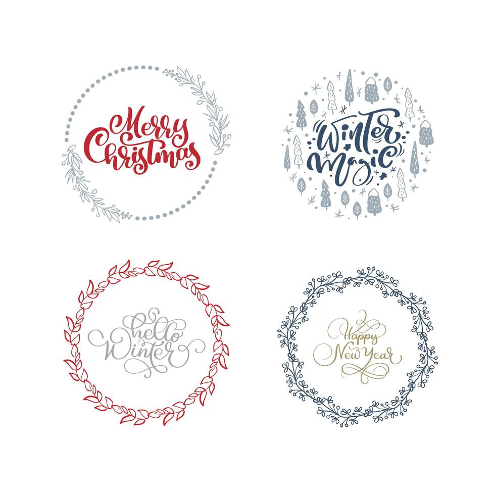 vector set colección de coronas navideñas dibujadas a mano con texto navideño. ramas de abeto, frutos rojos, hojas y otros elementos. Marco redondo para tarjeta de Navidad de diseño de invierno, cartel, banner