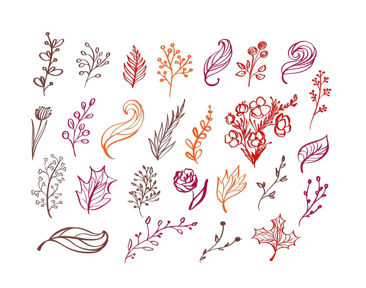 conjunto de elementos florales de vector doodle. colección de otoño. diseño gráfico de flores. hierbas, hojas, botas, copa y flores silvestres. textura botánica vector dibujado a mano. decoración moderna de temporada de otoño