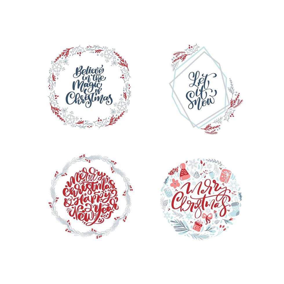 Vector set collection of hand drawn Christmas wreaths with xmas text. Fir branches, red berries, leaves and other elements. Round frame for winter design Christmas card, poster, banner