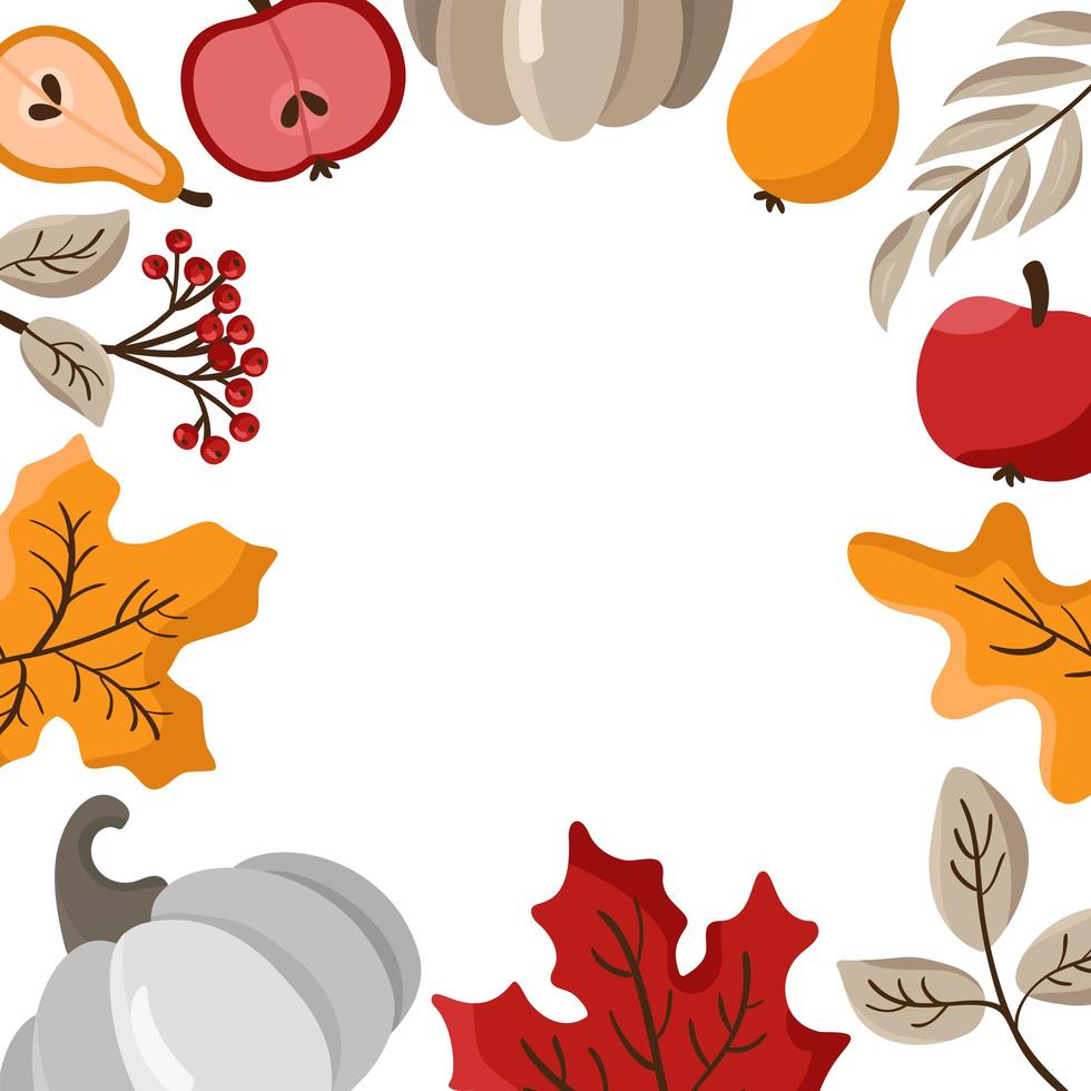 Fondo de marco de borde de hojas de otoño, frutas, bayas y calabazas con texto espacial. arce floral estacional roble hojas de naranja para el día de acción de gracias vector