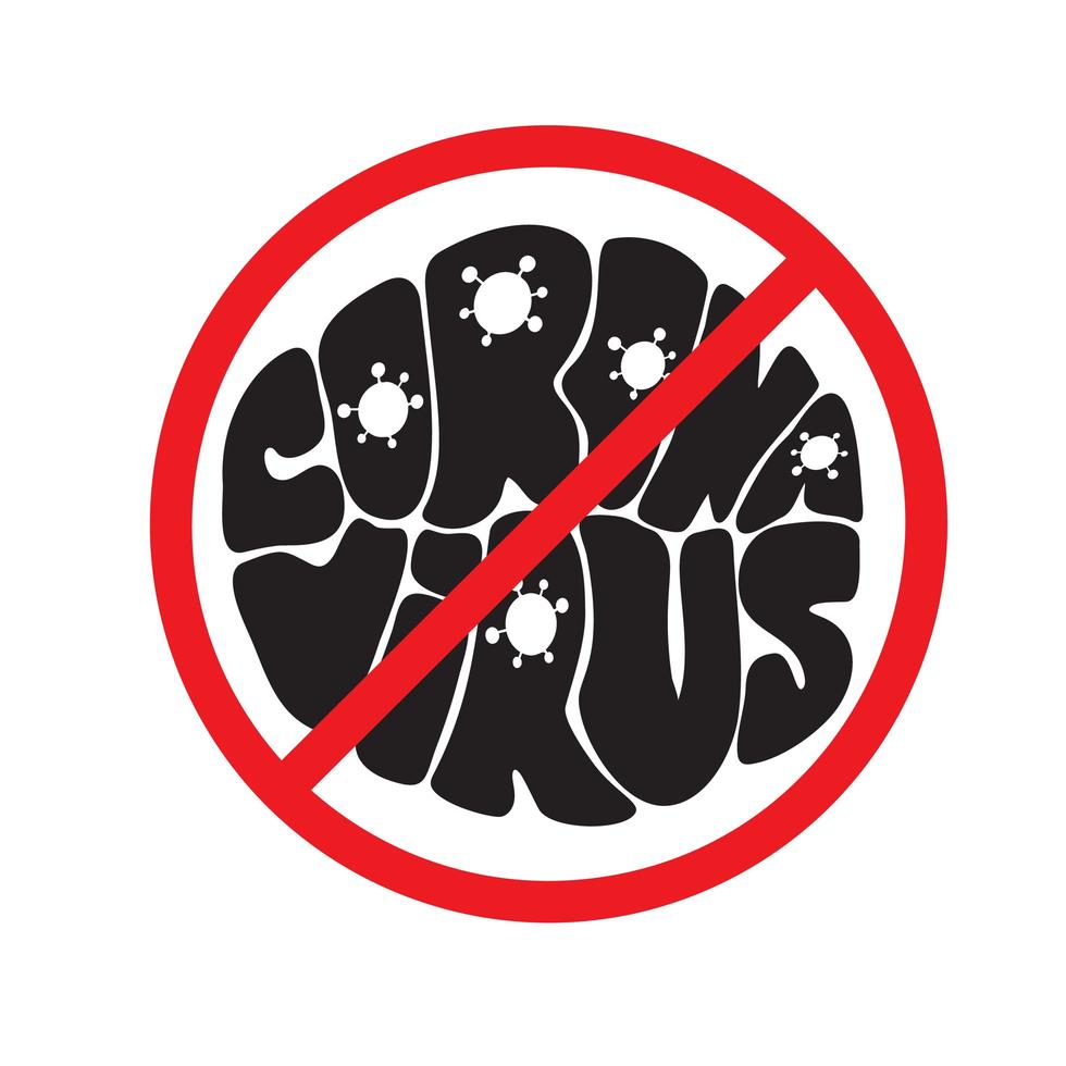 Coronavirus lettering vector text in red sign No Traffic. For doctors, nurses and people. Stop Covid-19 outbreak. Health care and personal hygiene product