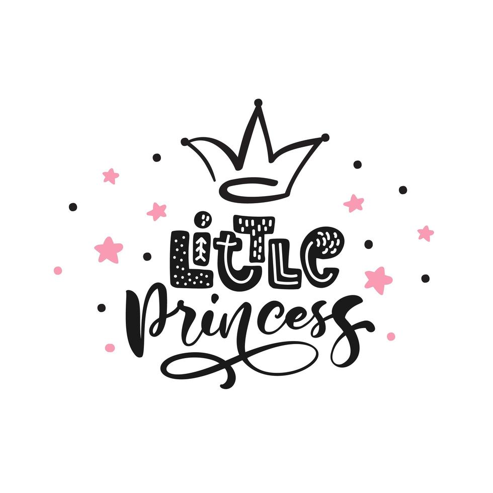 pequeña princesa caligrafía letras dibujadas a mano ilustración escandinava con corona y estrellas. vector de fondo decorativo rosa y negro. diseño de cartel con texto