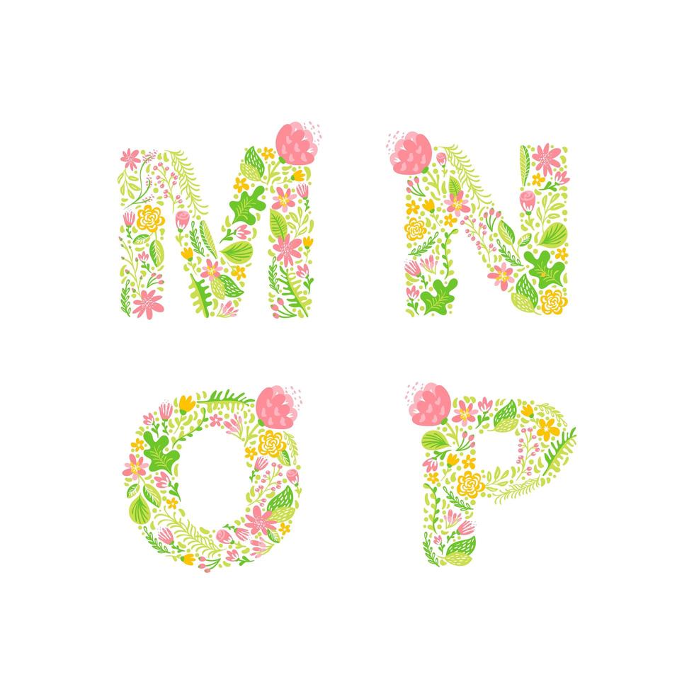 Vector Hand Drawn floral uppercase letter monograms or logo. Uppercase Letters M, N, O, P with Flowers and Branches Blossom. Floral Design