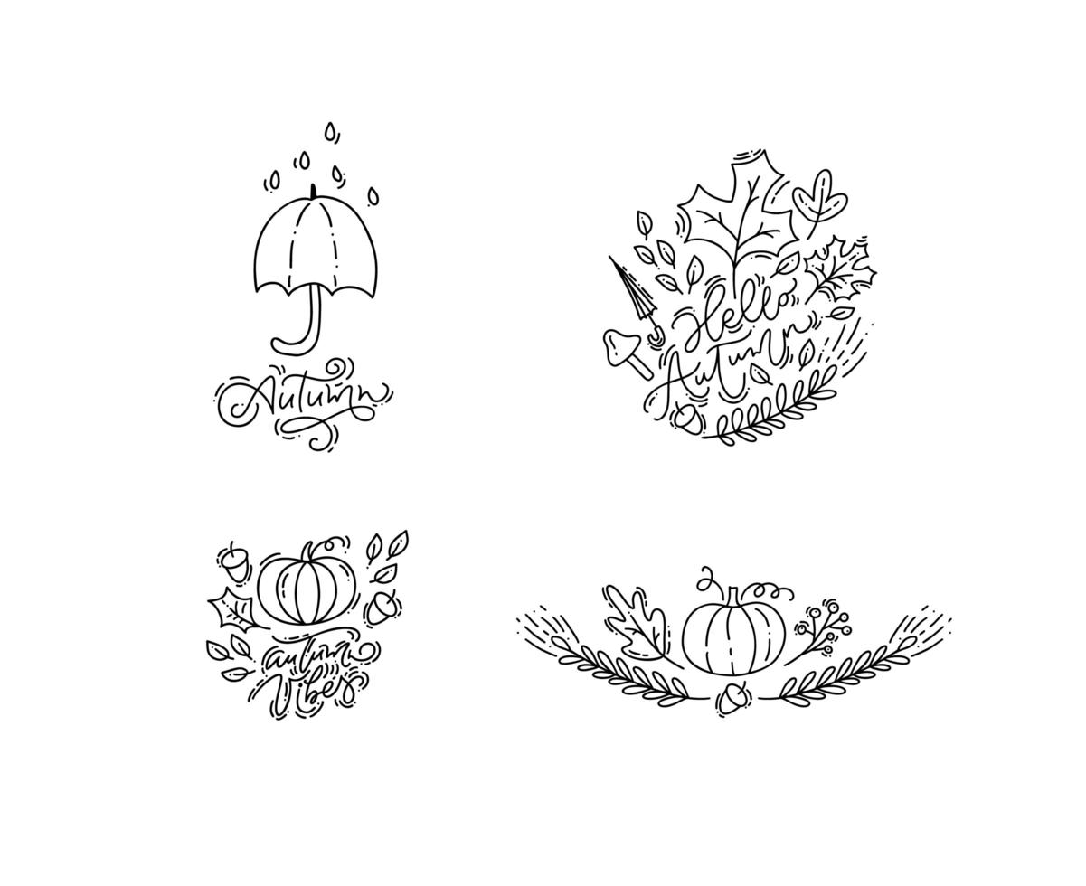 bunlde conjunto de frases de otoño de caligrafía monoline de ilustración vectorial. dibujado a mano elementos otoñales calabaza, paraguas y hojas aisladas. perfecto para las vacaciones de temporada, día de acción de gracias vector