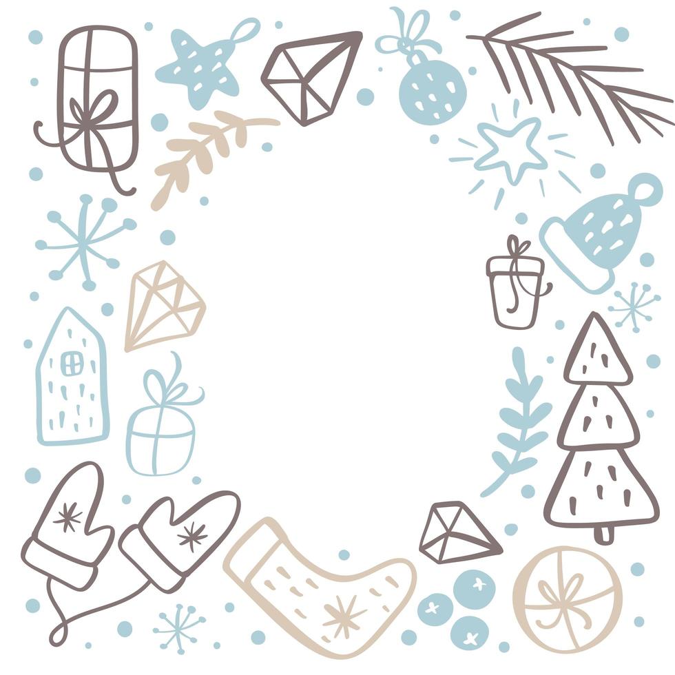 Christmas background frame with xmas gifts, caps, hats and other elements. Vector template for greeting card with place for text. Winter frame isolated