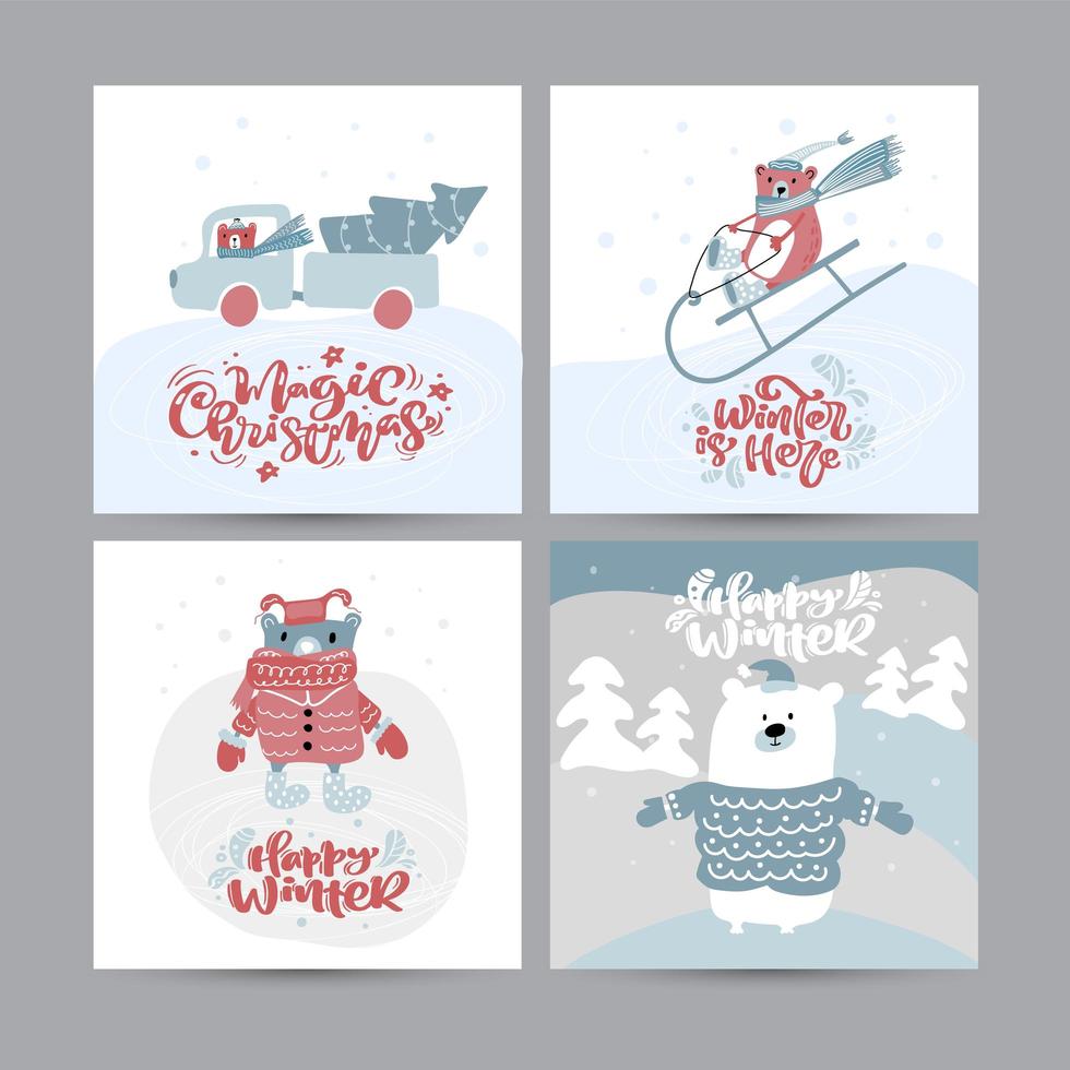 conjunto de tarjetas de felicitación de Navidad lindo vector. textos escritos a mano de caligrafía vintage. banner ilustración de doodle escandinavo. objetos aislados de navidad vector