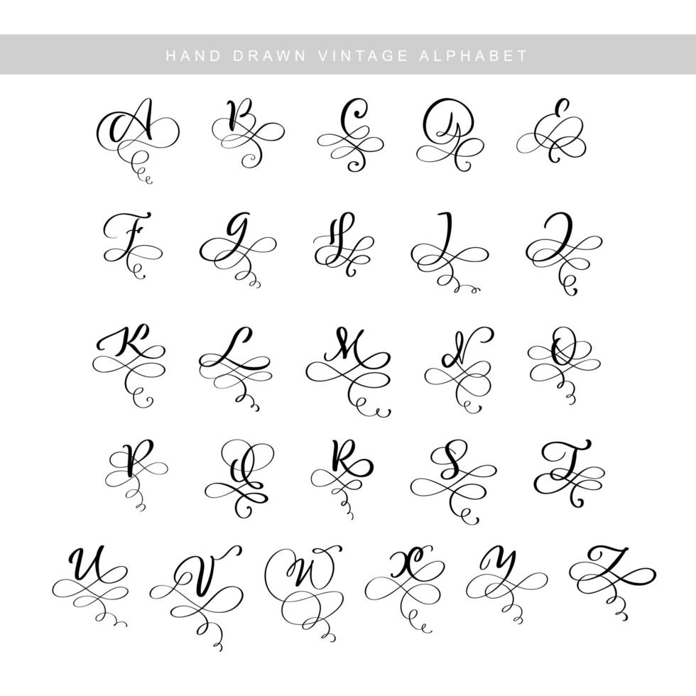 Vector Hand Drawn calligraphic flourish letters monogram or logo. Uppercase Hand Lettering alphabet with swirls and curls. Wedding Floral Design