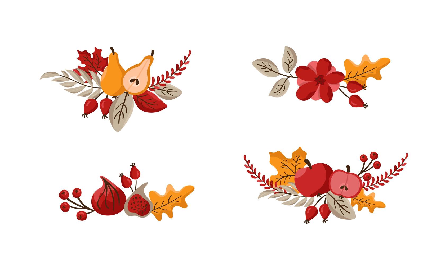 Set of vector bouquet Autumn wreath design template print with flower cotton, leaves, fruits and berries. October harvest background illustration for Happy Thanksgiving Day. Fall Nature