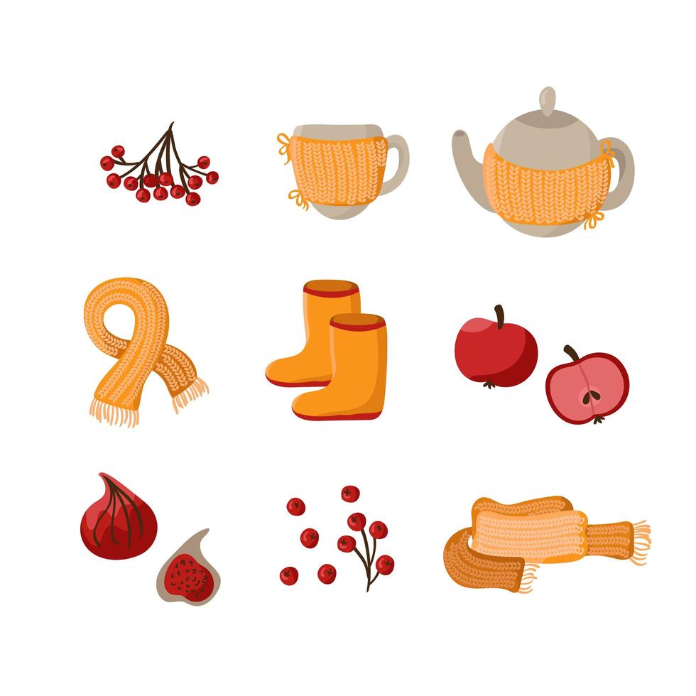 Vector autumn cute set. Hand drawn fall elements berries, scarf, teapot, cup and fruits. Autumn clip art for web card poster cover tag invitation sticker illustration