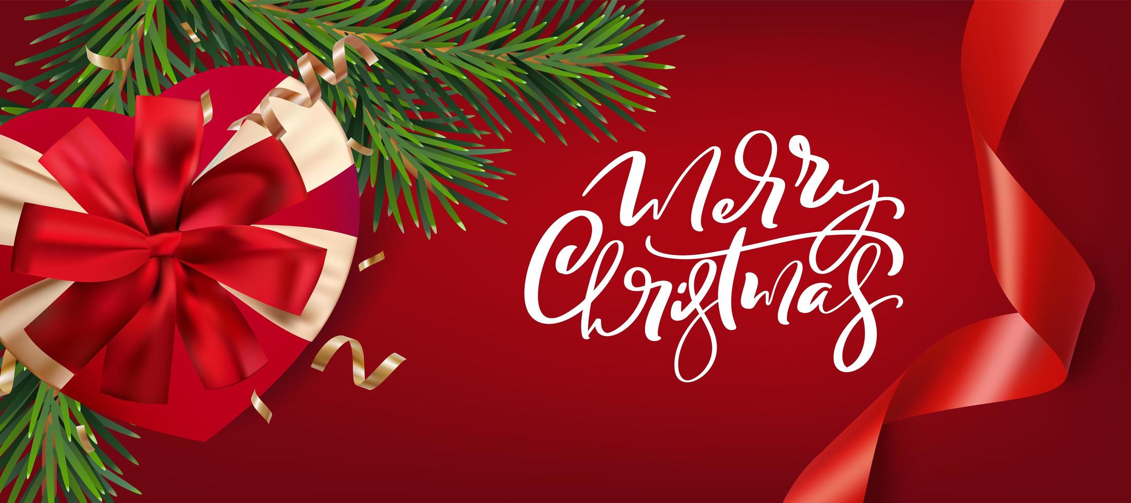 Merry Christmas calligraphic text. Greeting card design with decoration on gift box and red background. Modern winter season postcard, banner, brochure, wall art design vector