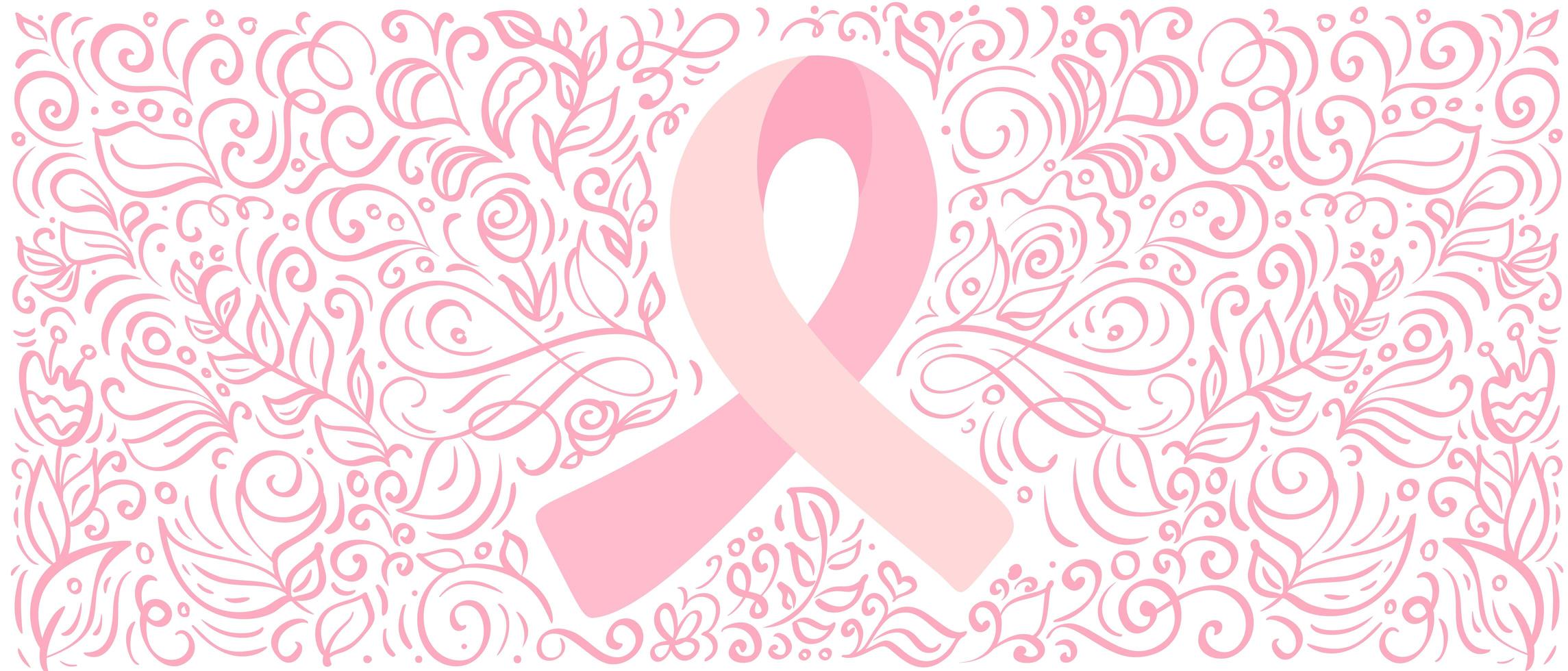 Stylized pink vector banner ribbon of Breast Canser for October is Cancer Awareness Month. Calligraphy illustration on pink flourish background