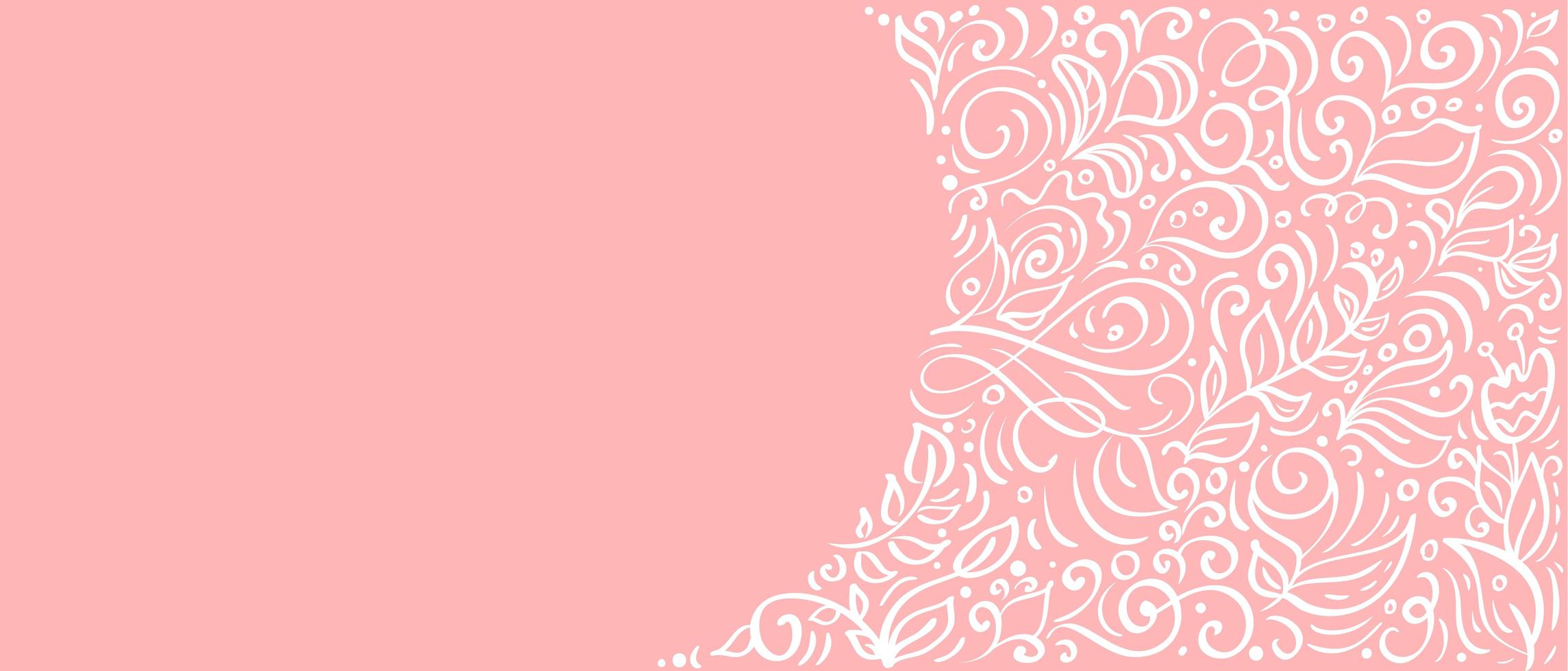 hojas de caligrafía vintage sobre fondo rosa. vector florecer elementos con banner de flores para el día de San Valentín, boda, cumpleaños, tarjeta de felicitación con espacio para copiar su texto