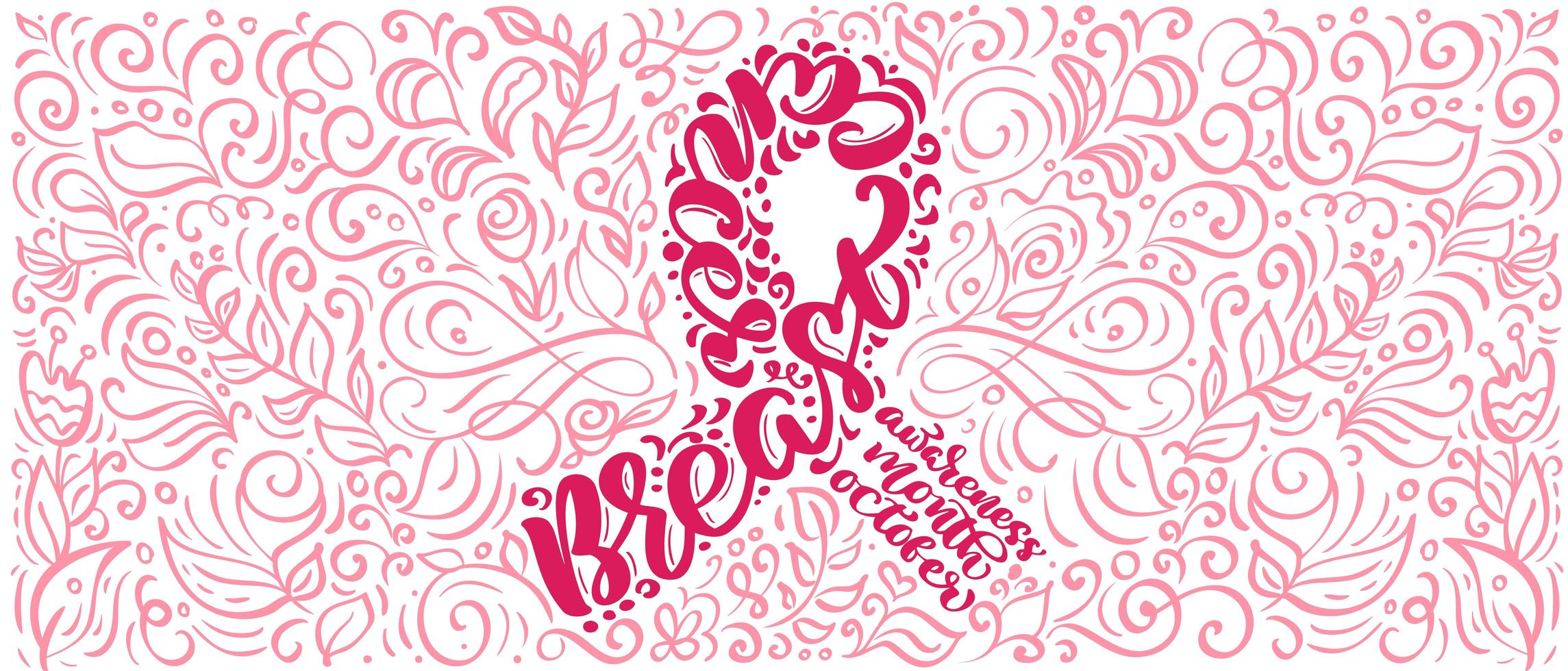 Stylized pink banner ribbon with vector quote Breast Canser for October is Cancer Awareness Month Calligraphy lettering illustration on pink flourish background