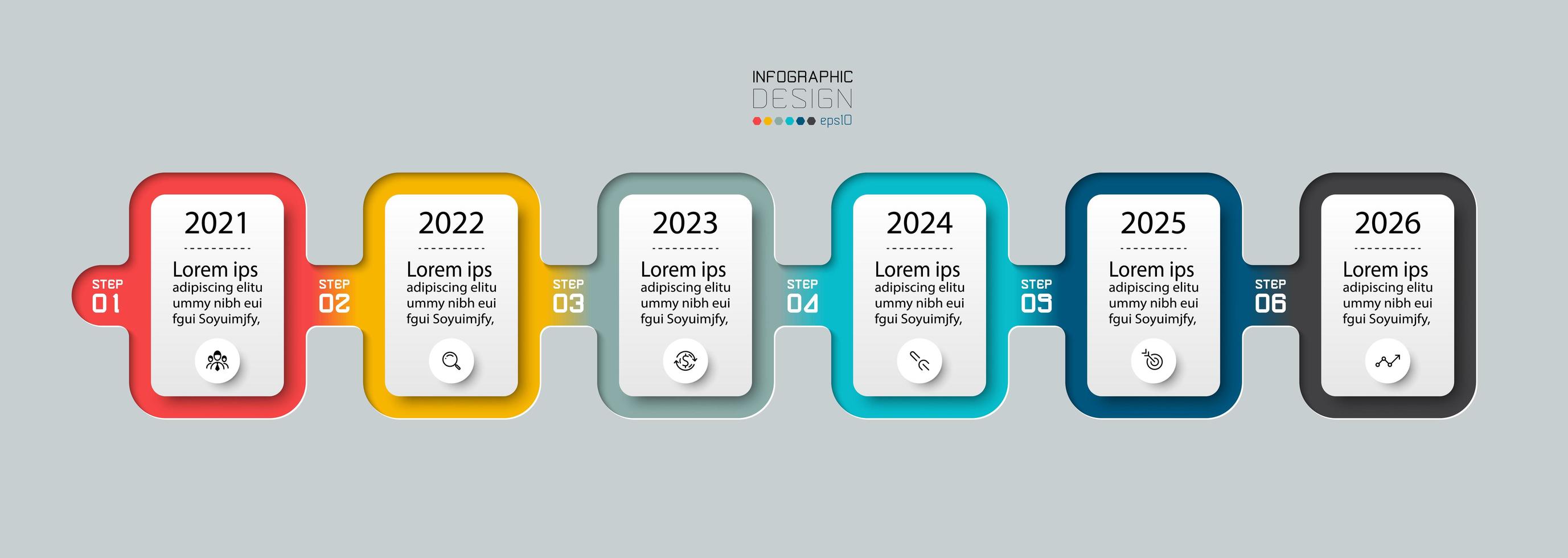 6 pasos con un diseño cuadrado describen e ilustran los resultados del trabajo o planificación futuros. infografía vectorial. vector