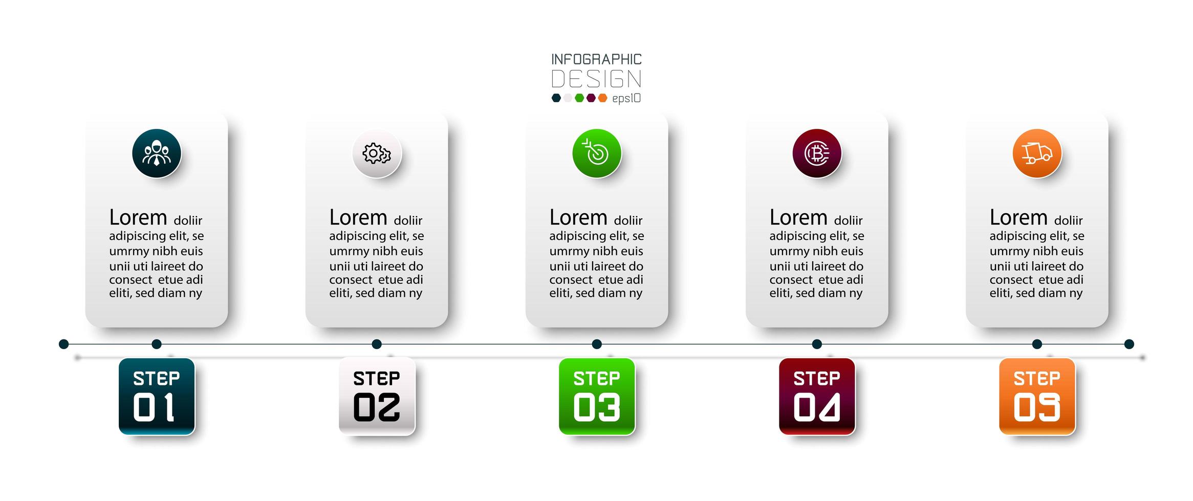 5 steps in the presentation to explain the work process in square shape design. vector infographic.