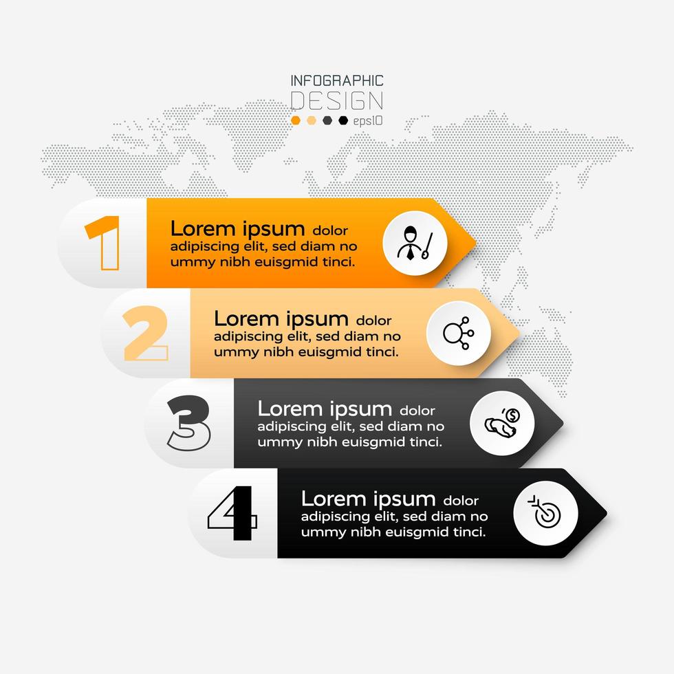 Square row 4 work steps are used to describe presentations, communicating information by advertising. infographic. vector