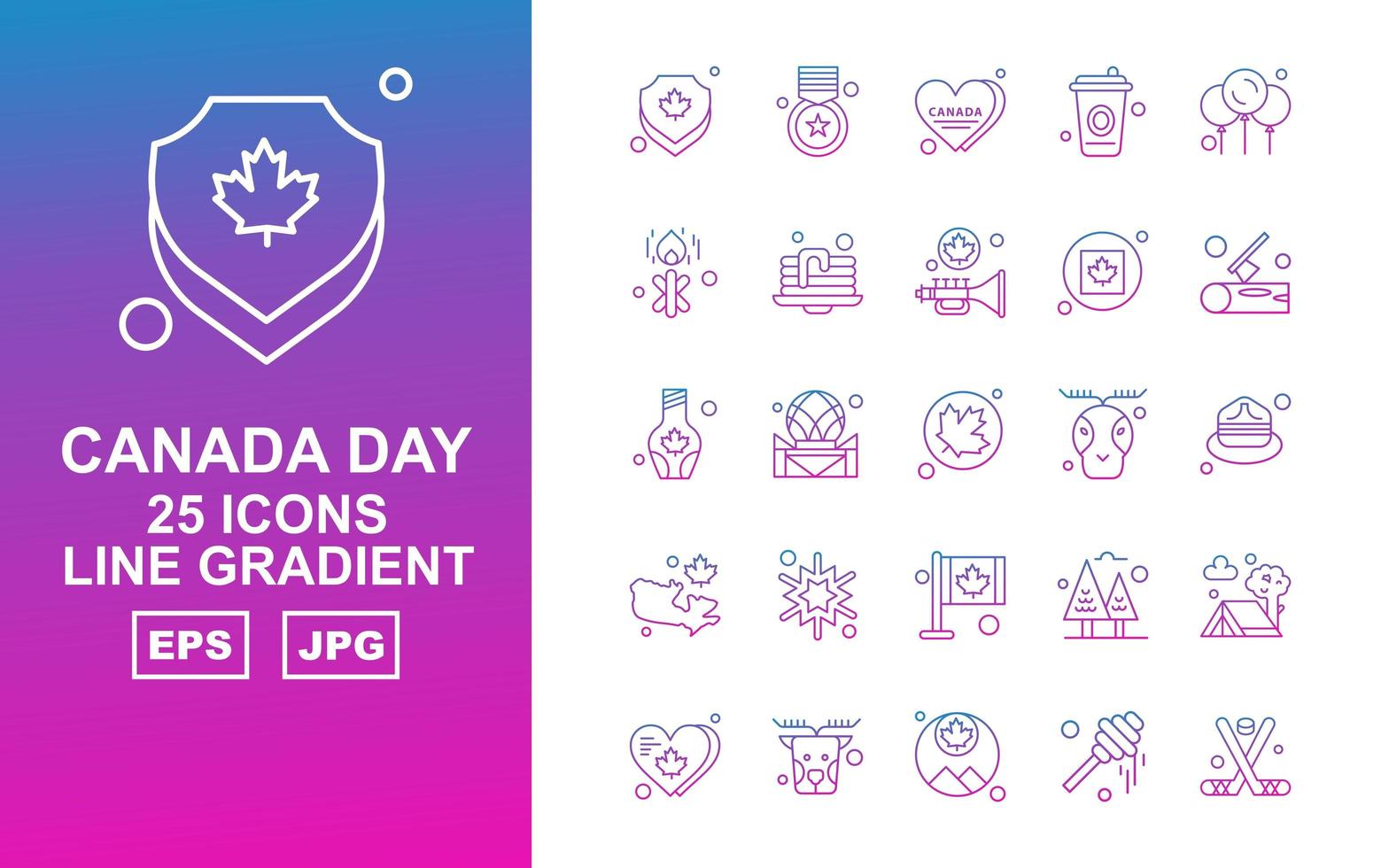 Paquete de iconos de gradiente de línea de día de canadá 25 premium vector