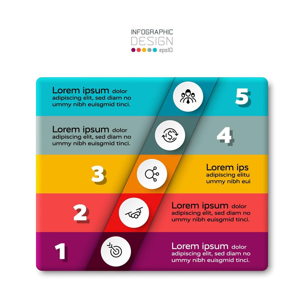 5 steps of a new type of rectangular box in a structured presentation. vector infographic.