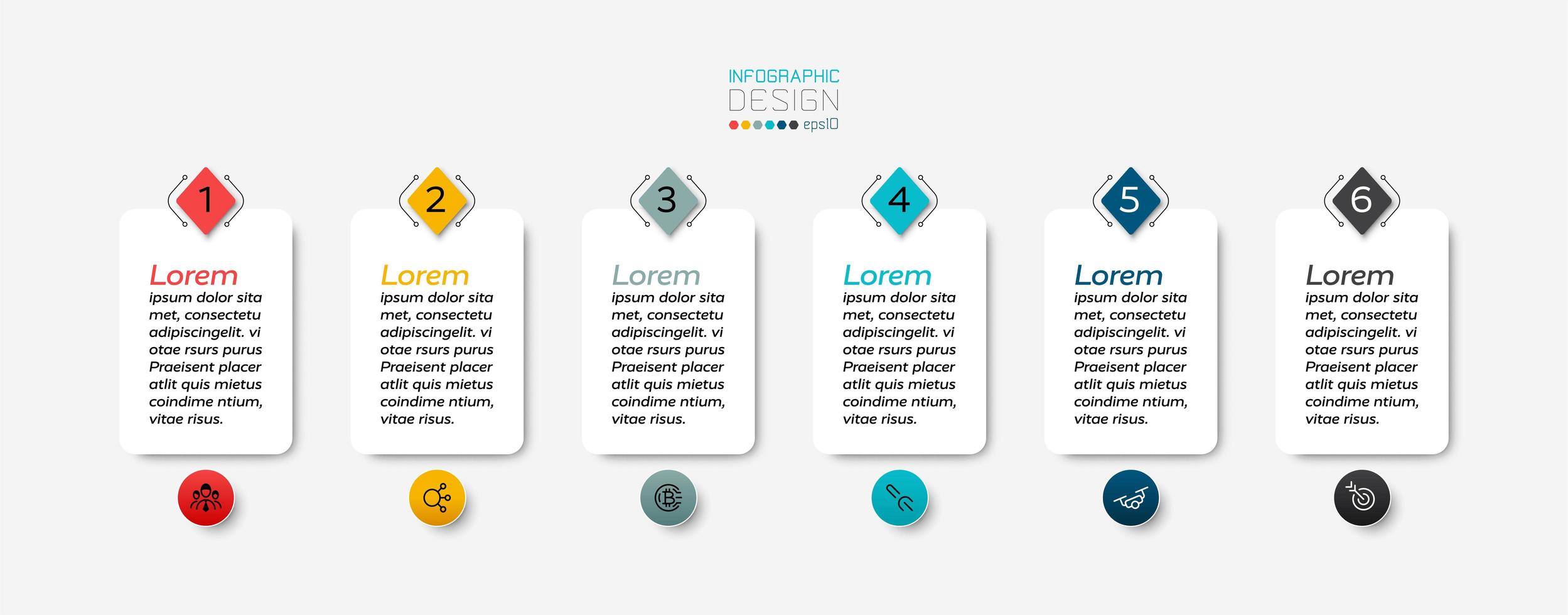 A rectangular text box with 6 steps can be used to display results and explain processes. infographic. vector